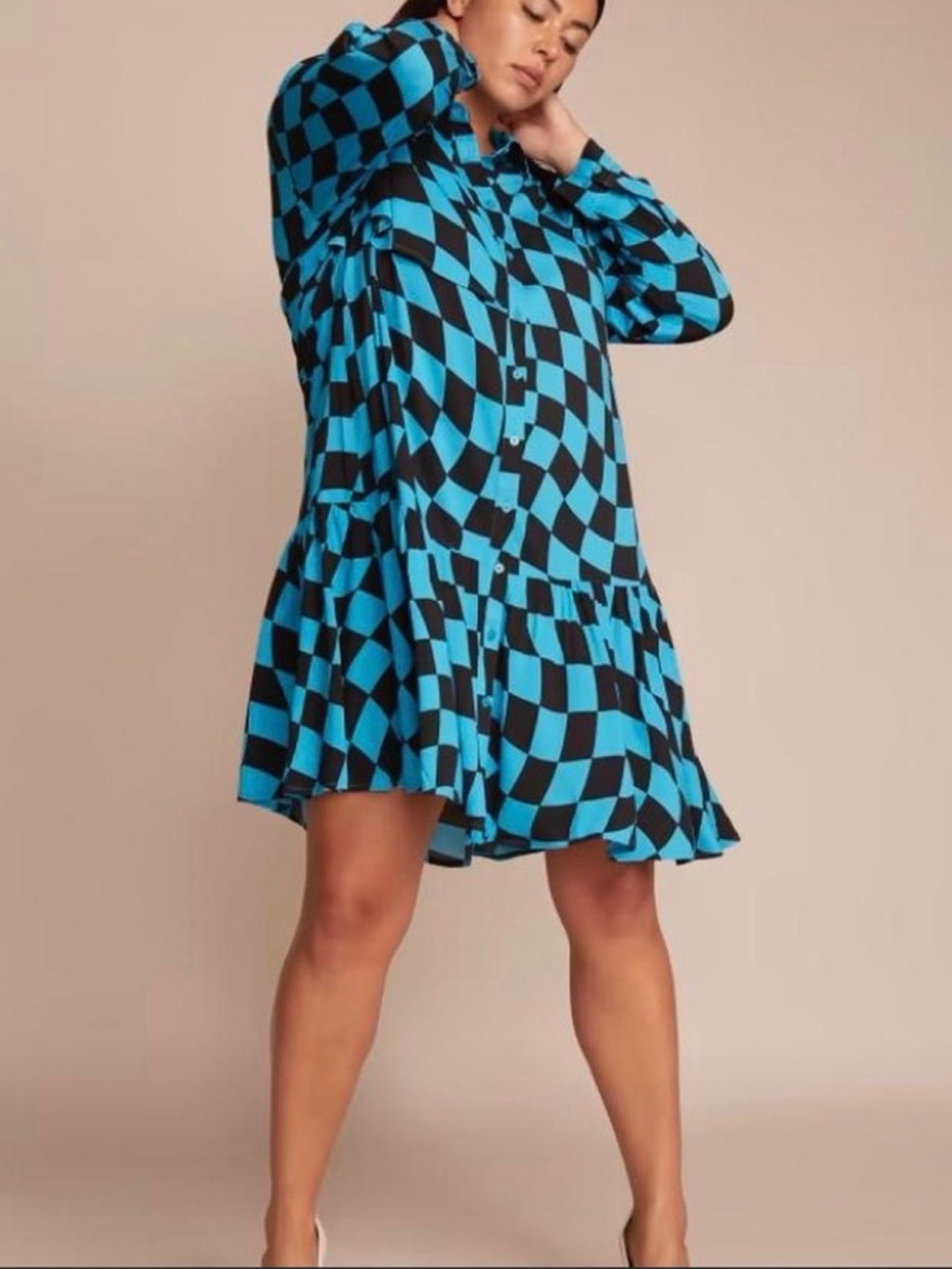 11 Honore Size 12 Blue Black Checkerboard Dress Tiered Button Front Statement